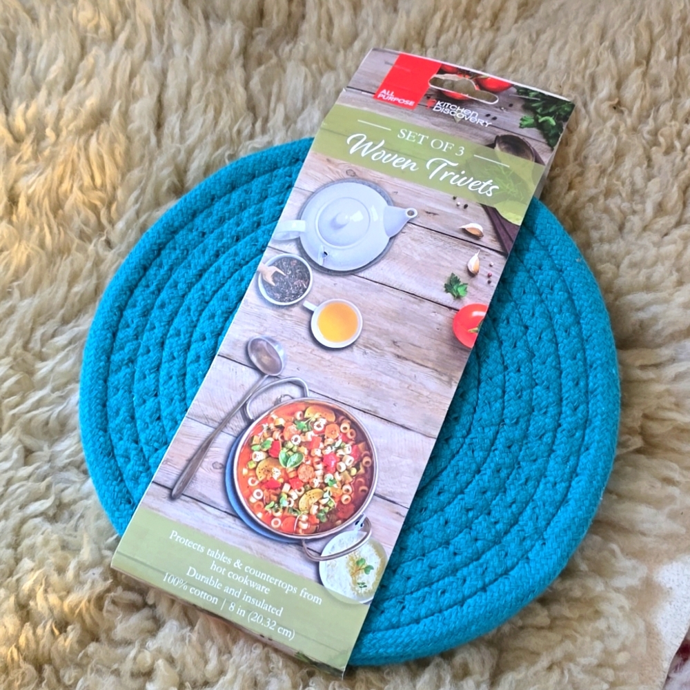 Set 3 Woven Braided 7" Trivets Teal 100% Cotton for Table top NEW